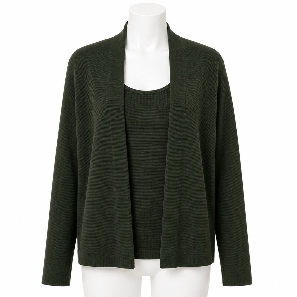 Eileen Fisher Cardigan Tank Set Size L Green Silk Cotton Blend Fall Autumn Work